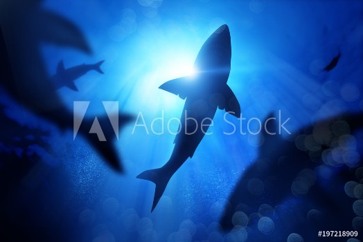 Bild på A school of sharks in the deep blue sea Mixed media illustration